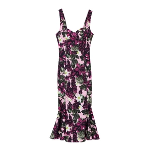 Robe Midi Vintage Femme Imprimé Floral et Raisin Col en Coeur Sans Manches Élégante Coupe Ajustée Ourlet Sirène Été