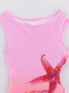 Close-up of pink gradient sleeveless top with red starfish print and size L label