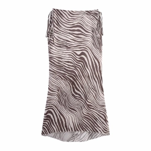 Brown zebra print high waist midi skirt with drawstring sides and asymmetrical hem