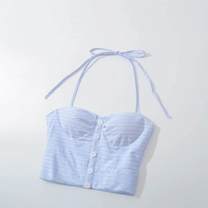 French style light blue striped halter crop top with white buttons for 2025 summer