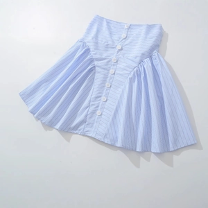 Light blue striped high-waisted mini dress with white buttons and pleated details
