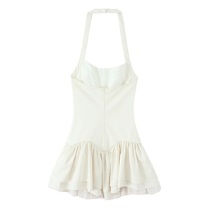 Robe dos nu à rayures blanc cassé avec ourlet à volants superposés et coupe cintrée chic