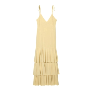 Robe Longue à Volants à Étages pour Femmes Col en V Épaule Nouée Dos Nu Sans Manches Jaune Été Vacances Fête
