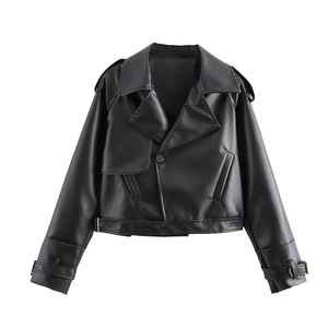 Women's 2025 short faux leather jacket in black with lapel collar and single button design