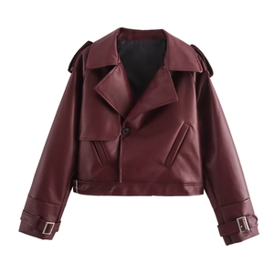 Chic burgundy faux leather moto jacket with notched lapel and metallic buckles