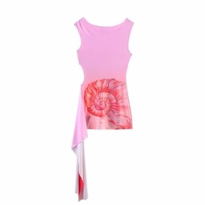 Slim fit pink sleeveless dress with seashell print, side cutout and asymmetrical hem