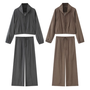 Women Casual Polyester Satin Zipper Jacket Top And Drawstring Wide Leg Pants Bottom Streetwear Sporty Tracksuit Outfits
