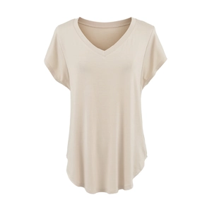 Women's casual loose V-neck short sleeve T-shirt in apricot with a curved hem design