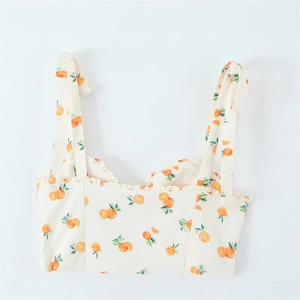 Women's summer orange print crop top with camisole straps and ruffled neckline detail