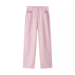 Jean Femme Décontracté Rose Denim Strass Taille Haute Coupe Droite Usé Motif Losange Élégant Pantalon de Mode