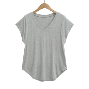 Women's casual V-neck short sleeve T-shirt in grey with curved hem on wooden hanger