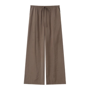 Deep brown wide-leg women's pants with elastic drawstring waist and side pockets