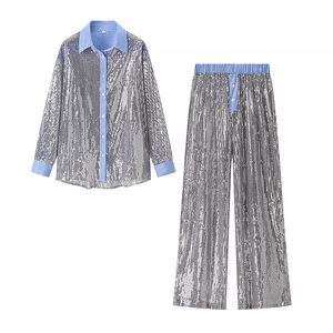 Mode Femmes Paillettes Manche Longue Patchwork à Rayures Chemise Et Taille Haute Pantalon à Jambes Larges Casual Party Streetwear Outfit