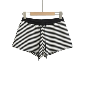 Short Femme à Rayures Noir et Blanc Confortable Taille Basse avec Cordon de Serrage en Maille d'Été Short Court Décontracté pour Femme