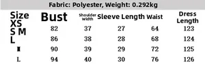 Detailed size chart for women's poplin dress with bust, waist and length measurements