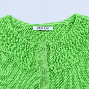 Women's bright green hollow knit cardigan with Peter Pan collar and resin buttons