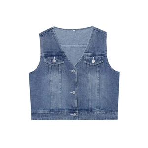 Gilet en Jean Délavé Vintage pour Femmes Col en V Veste Courte sans Manches Boutonnage Simple Bleu Denim Streetwear Top