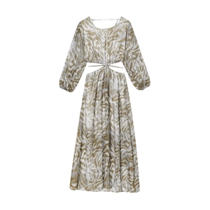 Vestido Midi de Mujer Sexy con Recortes en la Cintura Estampado Abstracto de Cebra Manga Larga Elegante Cuello Redondo Lazada Streetwear Línea A