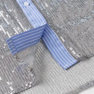 Détail de paillettes argentées sur résille avec bordure à rayures bleues et boutons