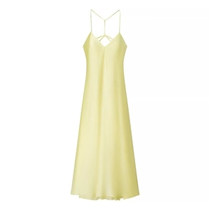 Women's Elegant Light Yellow Satin Midi Dress Sexy Backless Cross Strap V Neck Sleeveless A-Line Party Slip Dress