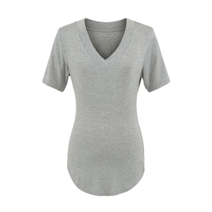 Women's slim fit grey V-neck short sleeve T-shirt with curved hem minimalist design