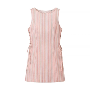 Women's Sleeveless Striped Mini Dress Side Lace Up Round Neck Summer Casual Pink White Orange Polyester A-Line Dress