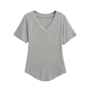Women's slim fit grey V-neck short sleeve T-shirt with curved hem in soft modal fabric