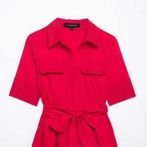 Vibrant red poplin shirt dress featuring short sleeves, lapel collar and a belted waist
