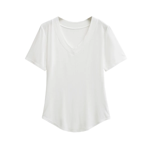 Classic white short sleeve V-neck t-shirt with curved hem for casual minimalist style