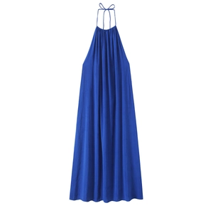 Women Halter Neck Tie Backless A-Line Pleated Midi Dress Royal Blue Sleeveless Vacation Street Style Western Long Dress