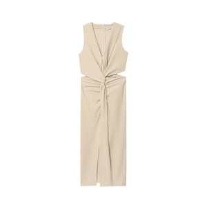 Women Sexy V Neck Sleeveless Cut Out Twist Front Maxi Dress Elegant Solid Color Pleated Waist Summer Party Long Dress