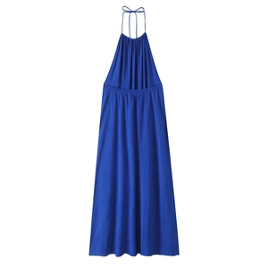 Elegant royal blue halter midi dress with backless design and soft pleated texture