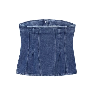 Structured blue denim corset top with vintage washed finish and button detail for women
