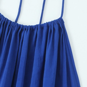 Royal blue halter midi dress in textured cotton-linen fabric with pleated neckline detail