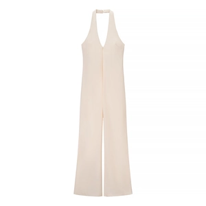 Elegant Halter Neck Deep V Wide Leg Jumpsuit For Women Sexy Backless Chenille Apricot Solid Color Spring Summer Party Outfit