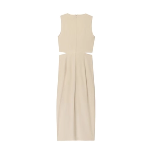 Elegant apricot sleeveless midi dress with waist cut-outs and a seamless back zipper