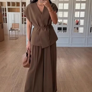 Women Elegant V Neck Wrap Tie Top And Wide Leg Pants Two-Piece Co-ord Spandex Outfit For Office Lady Casual Commuter