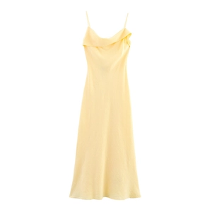 Women's Elegant Ramie Blend Cowl Neck Camisole Dress Summer Backless Tie-Up Maxi Dress Slim Fit Solid Color Pale Yellow Dress