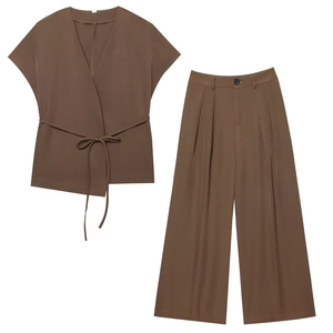 Women's 2-piece dark brown set with wrap tie top and wide leg high-waisted trousers