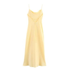 Elegant light yellow ramie-blend slip dress with thin straps and draped open back detail