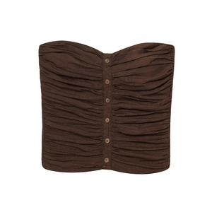 Detailed view of dark brown tube top featuring ruched texture and front button accents