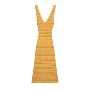 Robe longue en maille sans manches à col en V avec rayures orange et jaunes slim