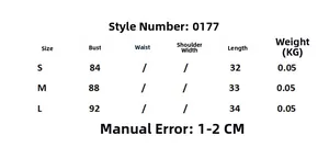 Detailed size chart with bust and length measurements for model 0177 minimalist camisole