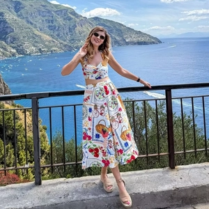 Haut Imprimé Méditerranéen Pour Femmes Ou Jupe Midi À Taille Haute Vêtements De Style Resort D'Été Élégants Pour Les Vacances