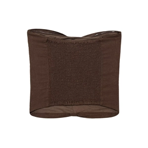 Detail view of the smocked elastic back design on a dark brown strapless tube top
