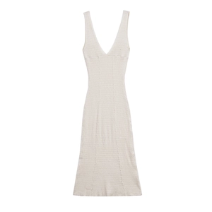 Robe mi-longue beige en maille côtelée avec col en V, coupe ajustée sans manches chic