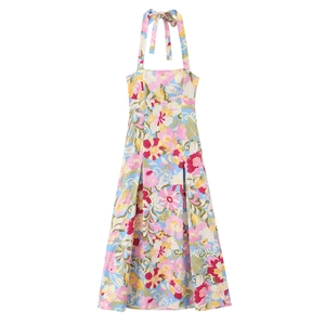 Robe Midi pour Femmes Imprimé Floral Dos Nu Trapèze Sans Manches Dos Nu À Lacets Boho Vacances Décontracté Polyester