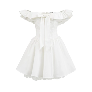 Robe Mini Blanche Sexy pour Femme Épaules Dénudées Volant Dentelle Nœud Coton Ligne A Style Lolita Doux Robes de Fête