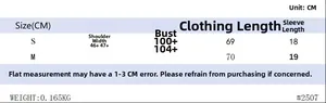 Size chart with measurements in cm for women casual short sleeve top featuring pockets