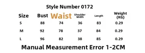Detailed size chart for denim mini dress showing S-L chest, waist and weight measurements